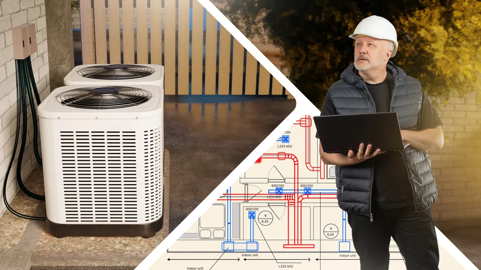 HVAC contractor with a laptop next to outdoor units and a system diagram.