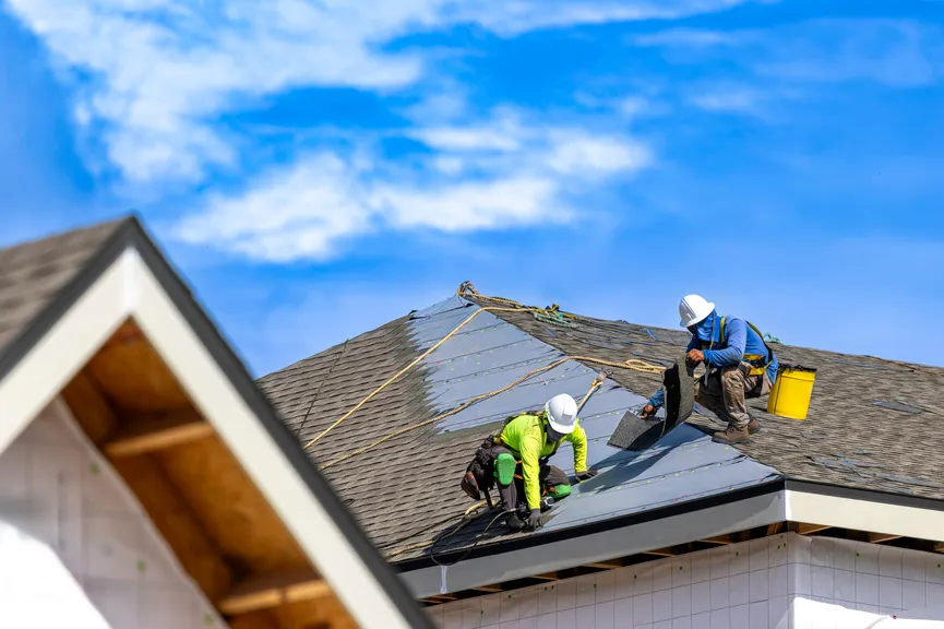 Two roofers working on a shingle roof.