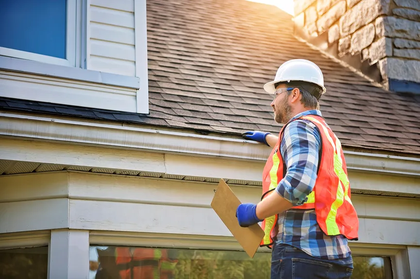 Roofer with a clipboard inspecting a home’s roofline.