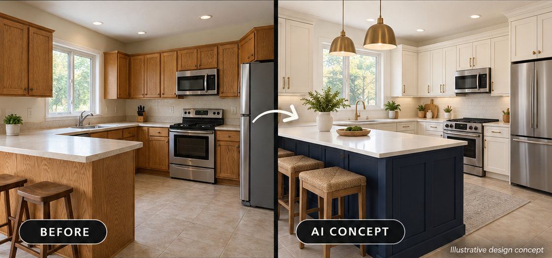 Before photo of an oak kitchen beside an AI concept of the same kitchen with white cabinets and a navy island.