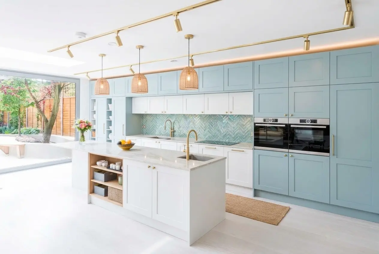 AI design concept of a kitchen in a coastal style.