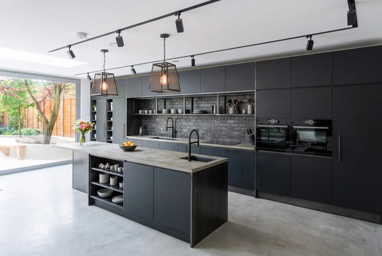 AI design concept of a kitchen in an industrial style.