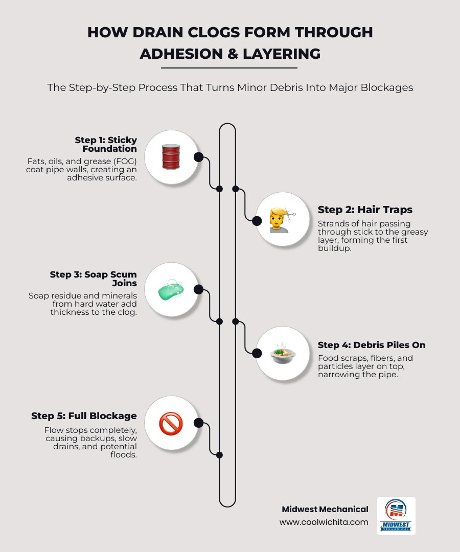 Infographic showing how drain clogs form through adhesion and layering: grease coats pipe walls, then hair and debris stick