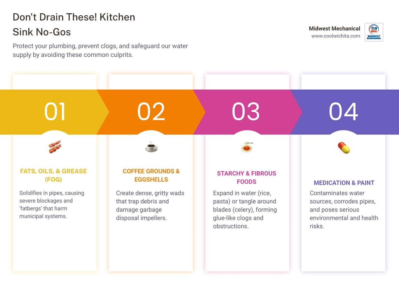 infographic showing top 10 things never to put down a kitchen drain and proper disposal alternatives - things you should