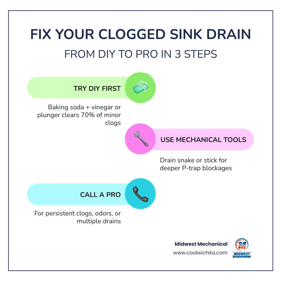 Infographic showing 5 steps to fix a clogged sink drain from DIY to calling a pro -  clogged sink drain near me infographic