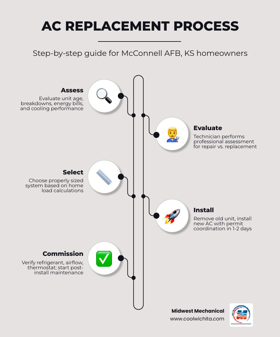 Step-by-step AC replacement process infographic for McConnell AFB KS homeowners - ac replacement in mcconnell afb ks
