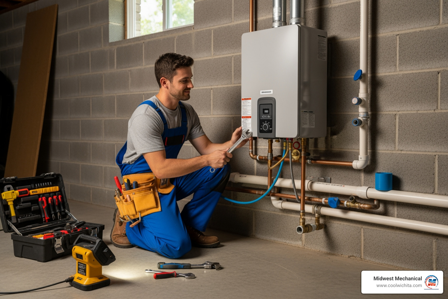modern, wall-mounted tankless water heater in a clean utility space - affordable tankless water heater repair in derby, ks