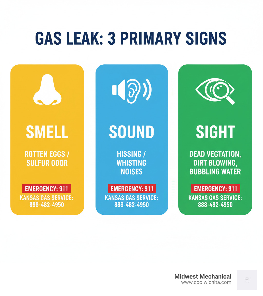 Infographic showing the three primary signs of a gas leak: Smell (rotten eggs/sulfur odor with warning nose icon), Sound (hissing or whistling noises with sound wave icon), and Sight (dead vegetation, dirt blowing, or bubbling water with eye icon). Each section includes emergency contact numbers 911 and Kansas Gas Service 888-482-4950 - gas line repair wichita infographic 