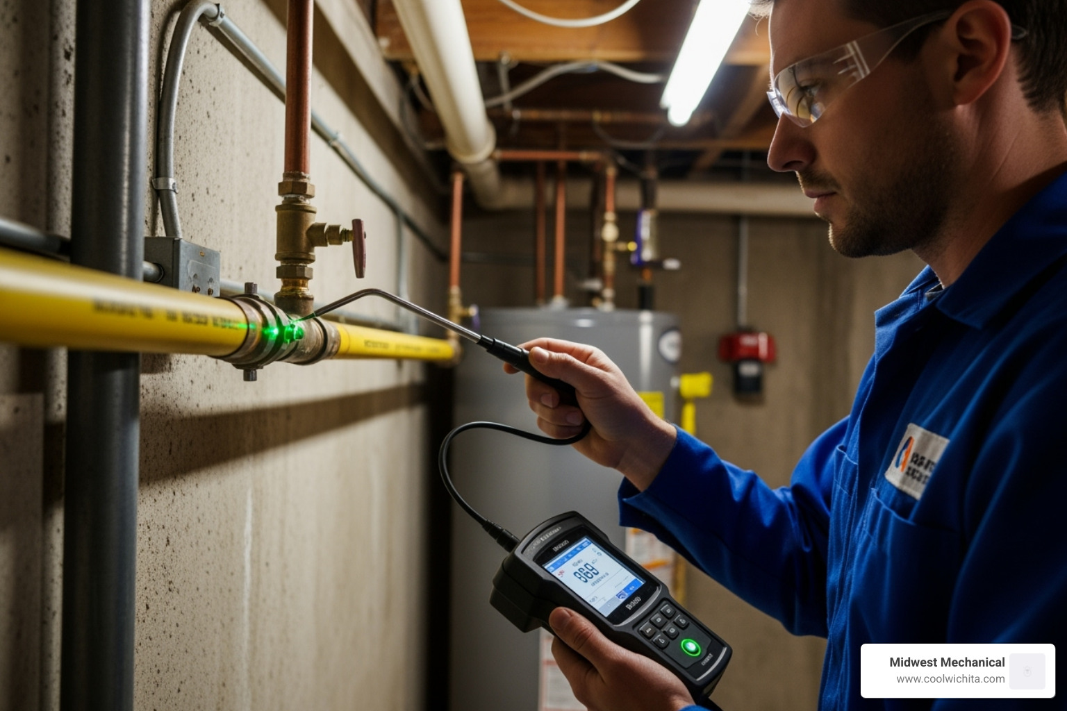 technician using a gas leak detector - gas line repair wichita