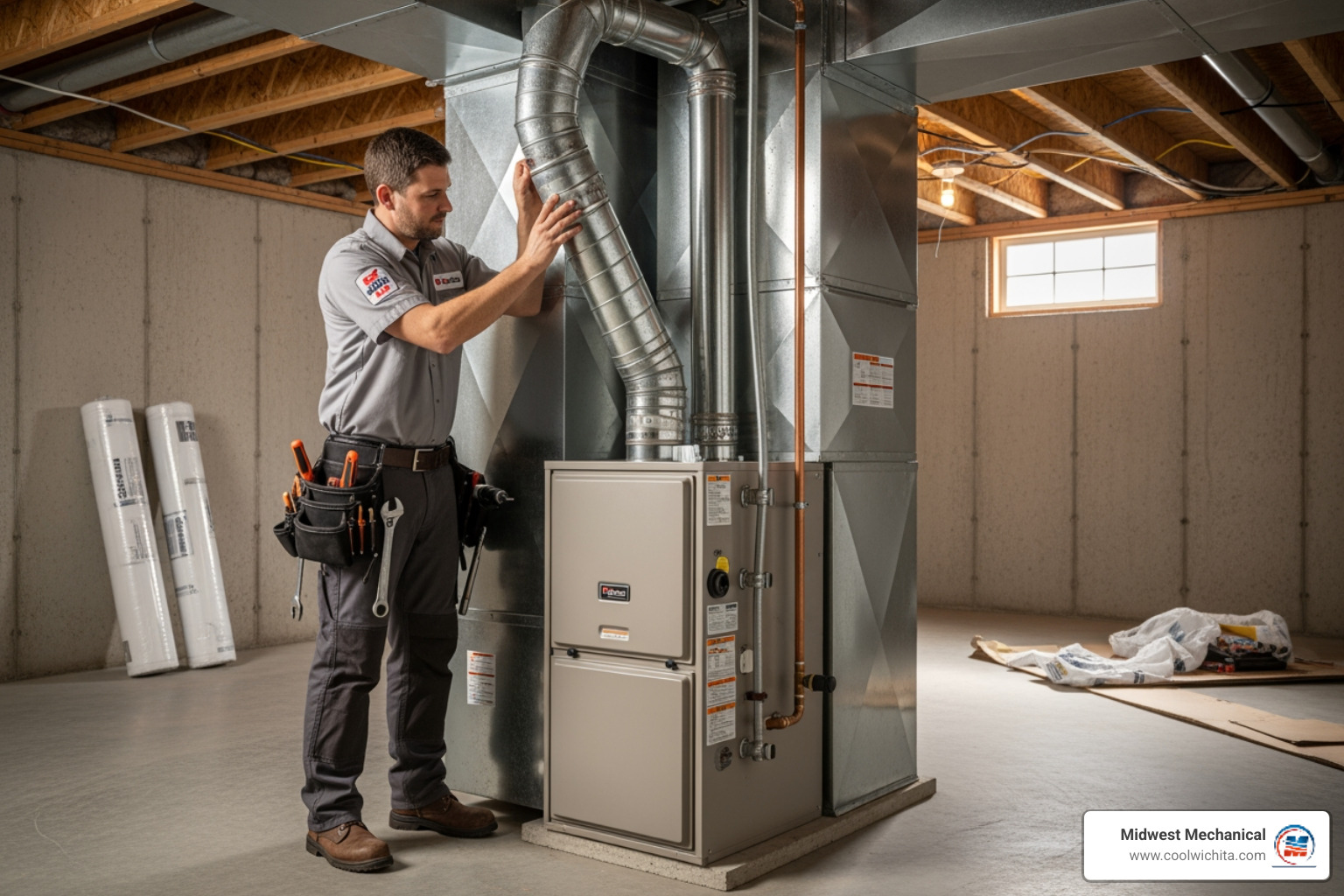 infographic showing the 5 key stages of new construction HVAC installation: Design phase with blueprints and calculations, Selection phase showing different heating system types, Rough-In phase with ductwork installation during framing, Trim-Out phase with final equipment installation, and Commissioning phase with system testing and verification - best heating installation in towanda, ks