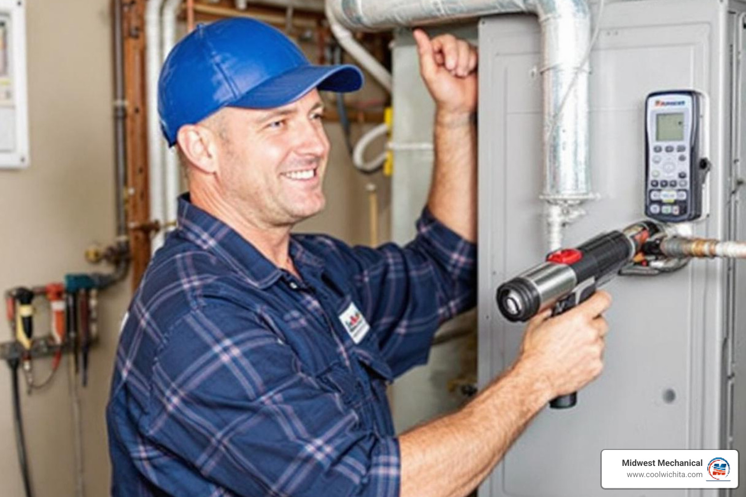 Infographic showing the heating tune-up process: Step 1 - Schedule annual fall inspection; Step 2 - Technician performs 20-point safety and efficiency check; Step 3 - Clean components and adjust settings; Step 4 - Test system performance; Step 5 - Enjoy lower bills, better comfort, and peace of mind all winter - best heating tune up in wichita, ks