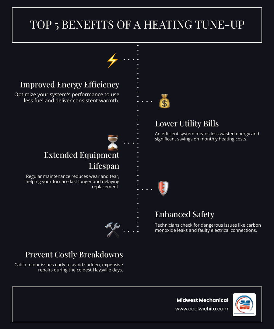 infographic showing the complete heating tune-up process including inspection of heat exchanger, cleaning burners, testing safety controls, checking thermostat calibration, and lubricating moving parts, with icons representing each step and benefits like improved efficiency, lower bills, and extended system life - heating tune up service in haysville, ks infographic infographic-line-5-steps-dark