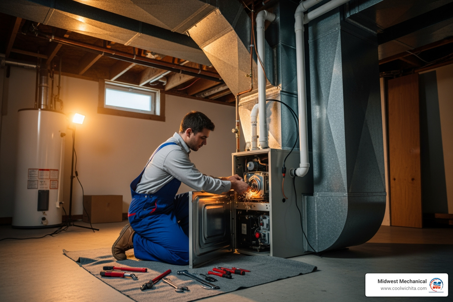 Infographic showing 5 critical signs your heating system needs immediate repair: 1) Strange noises like banging or grinding, 2) Uneven heating or cold spots in your home, 3) Sudden increase in energy bills, 4) Furnace cycling on and off frequently, 5) Yellow pilot light or ignition problems - heating repair company in viola, ks