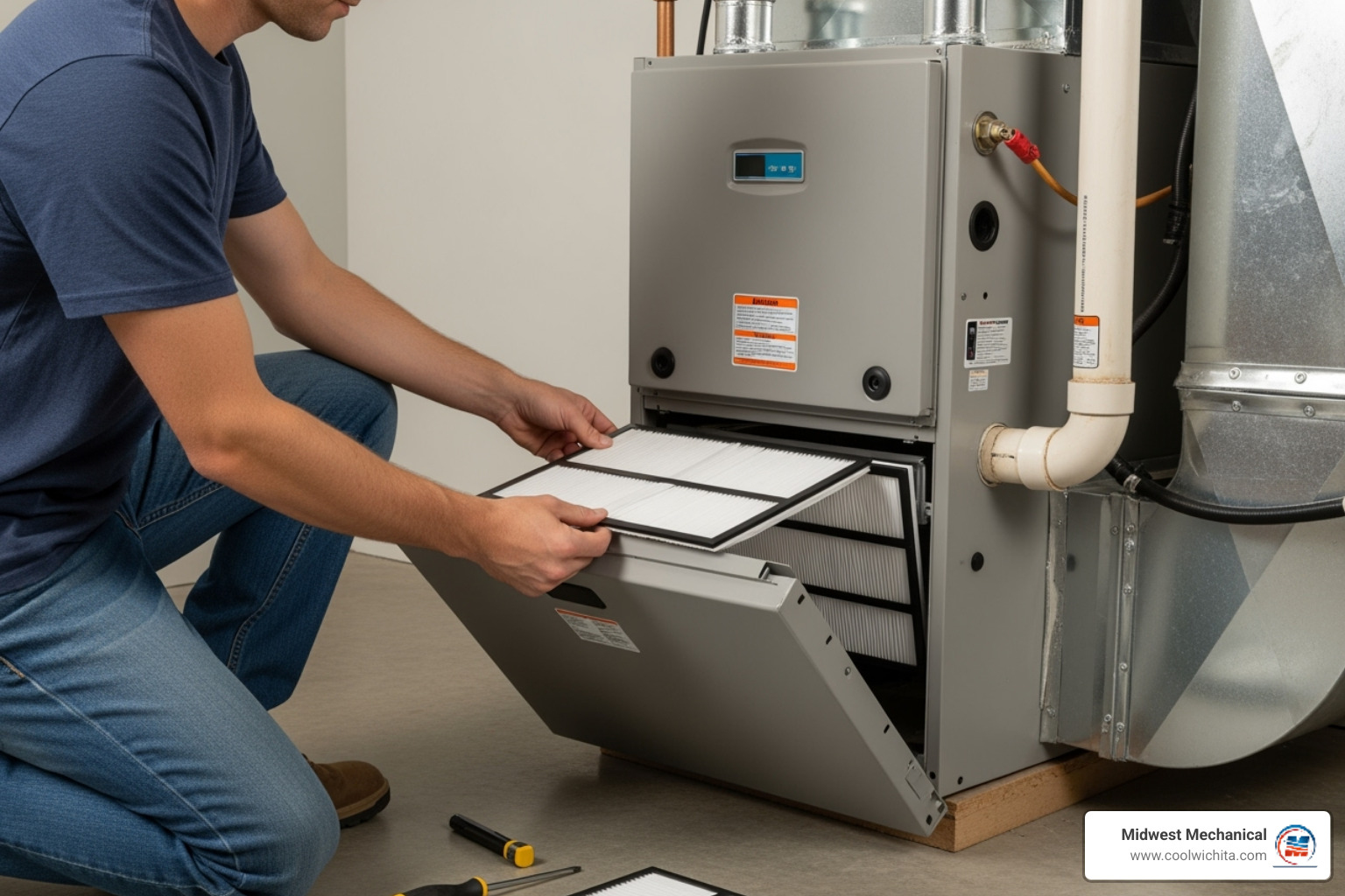homeowner changing furnace air filter - heating making noise in haysville ks