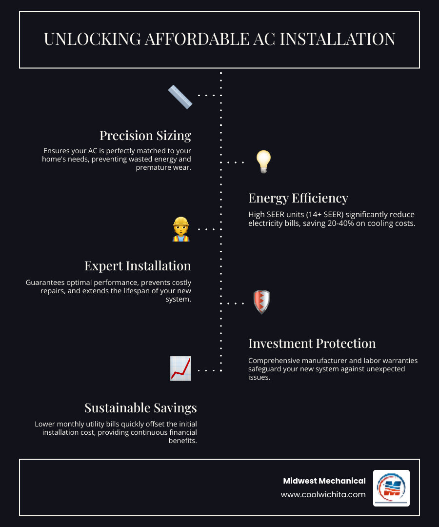 infographic showing comparison between old inefficient AC system with high monthly costs versus new high-efficiency system with lower bills, proper sizing benefits, warranty protection, and 10-15 year expected lifespan with annual savings breakdown - affordable air conditioning installation in andover ks infographic infographic-line-5-steps-dark