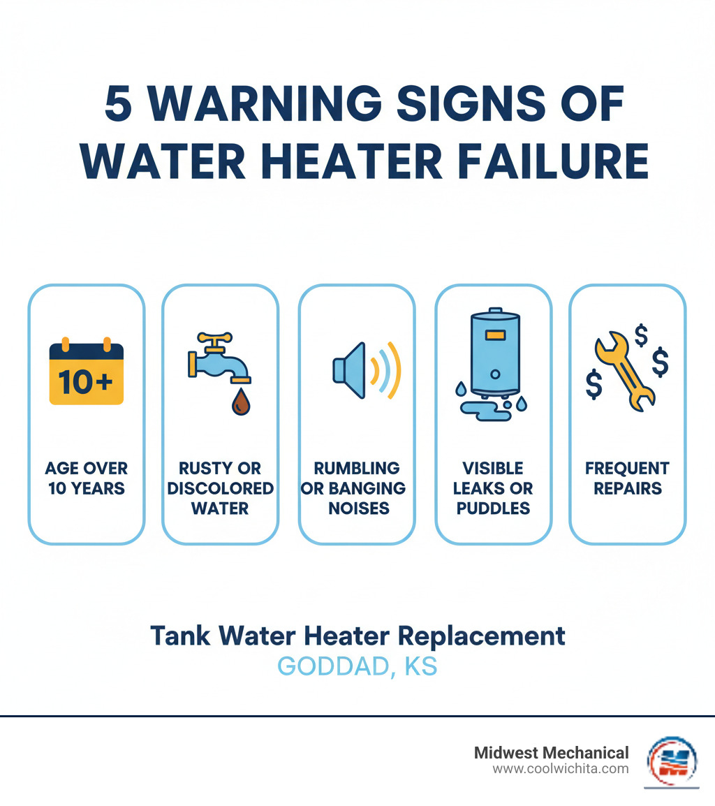 Infographic showing 5 warning signs of water heater failure: 1) Age over 10 years with calendar icon, 2) Rusty or discolored water with faucet dripping brown water, 3) Rumbling or banging noises with sound waves, 4) Visible leaks or puddles with water droplets around base, 5) Frequent repairs with wrench and dollar signs - tank water heaters replacement in goddard ks infographic