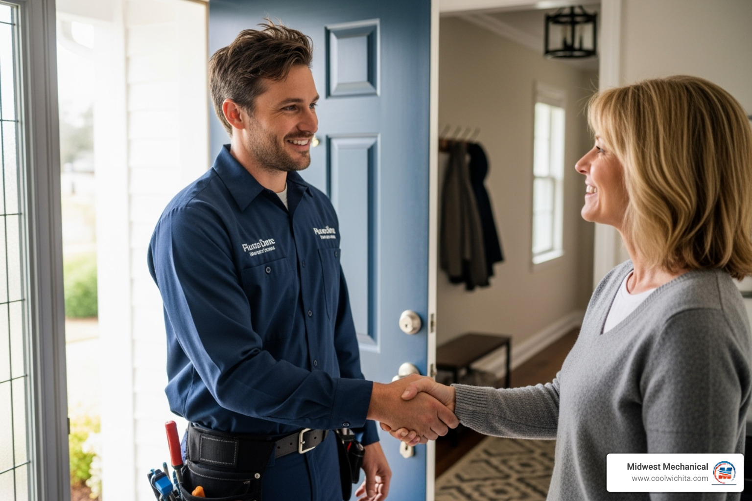 homeowner shaking hands with a friendly plumber - licensed plumbing contractor in andover ks