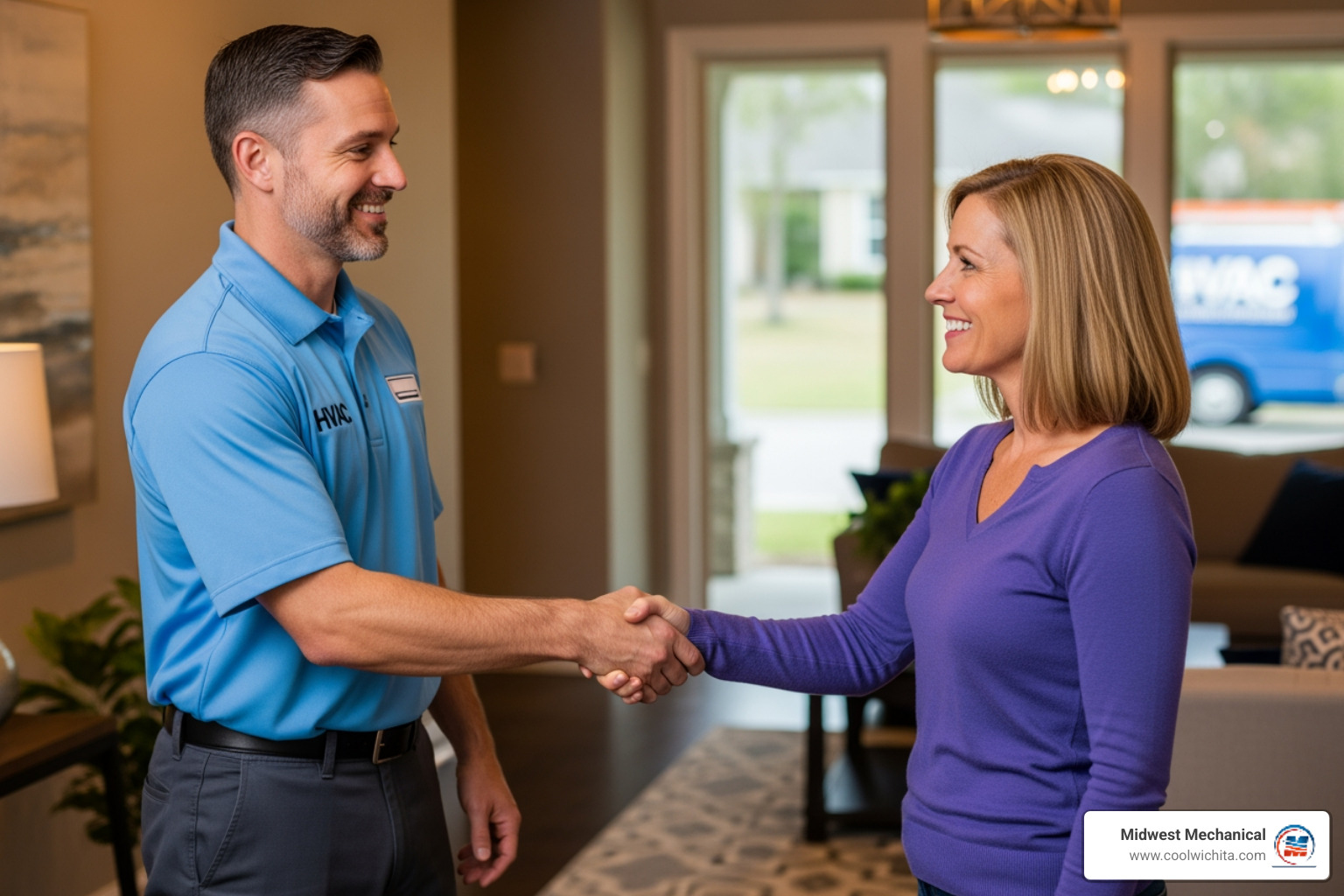 Friendly HVAC professional shaking a homeowner's hand - I need a new furnace installation in Wichita, KS. Who are the most reliable installers?