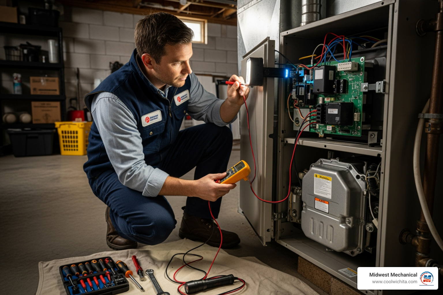 of a professional technician diagnosing a furnace - My furnace is not igniting. What are some repair services I can call in Wichita?