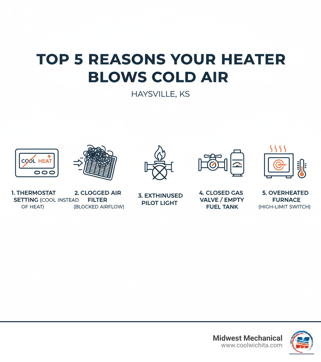 Infographic showing the top 5 reasons a heater blows cold air: incorrect thermostat setting showing COOL instead of HEAT, clogged air filter blocking airflow, extinguished pilot light on gas furnace, closed gas valve or empty fuel tank, and overheated furnace with triggered high-limit switch - heating blowing cold air in haysville ks infographic