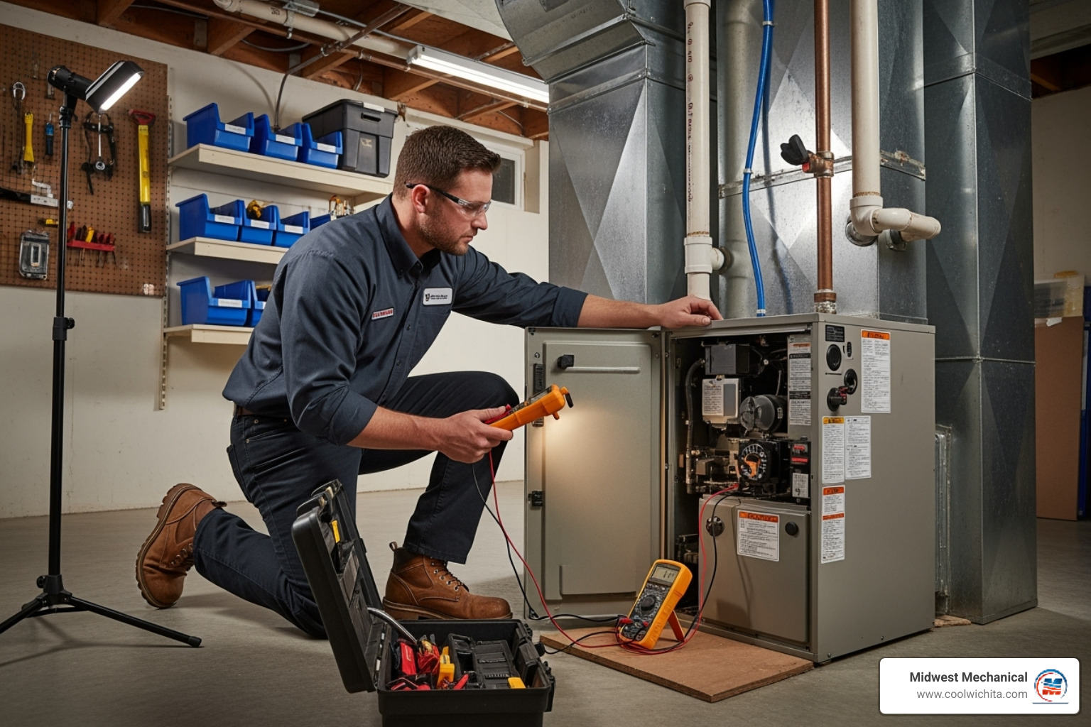 HVAC technician performing maintenance on a furnace - heating blowing cold air in haysville ks