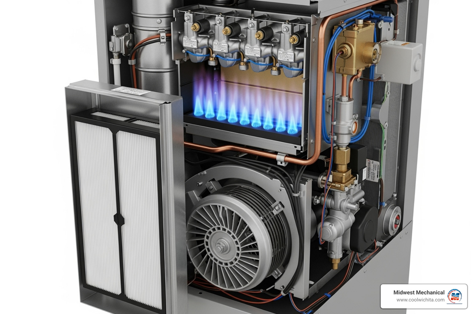 internal components of a standard gas furnace, with labels for the filter, blower motor, and burners - heating blowing cold air in haysville ks