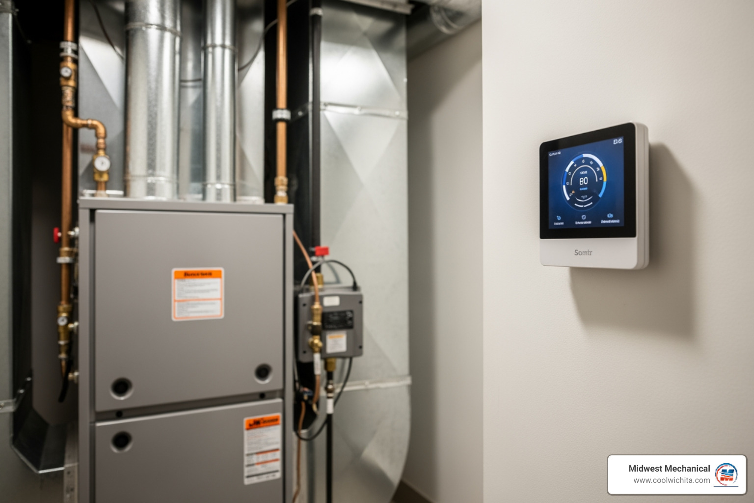 Modern high-efficiency furnace with a smart thermostat - My old furnace needs to be replaced. Who does furnace replacement near me in the Goddard area?"