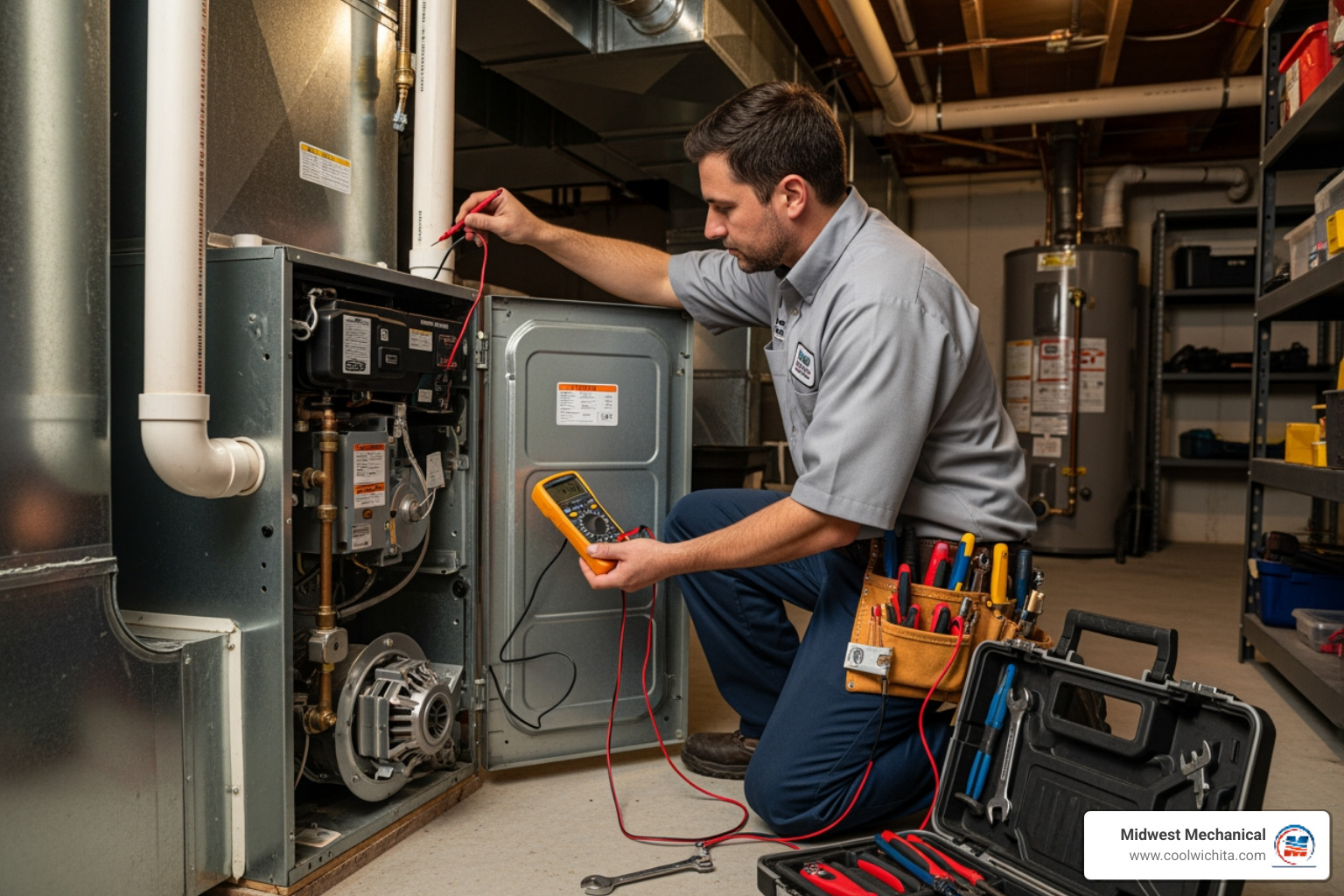 Technician performing furnace maintenance - My old furnace needs to be replaced. Who does furnace replacement near me in the Goddard area?"