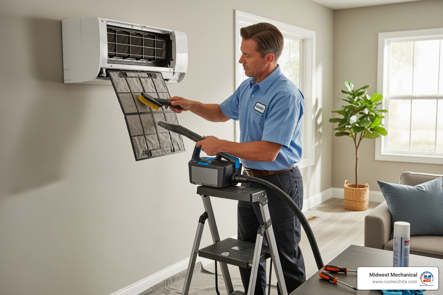 Image of a technician cleaning the filter of an indoor mini-split unit - ductless mini split installation wichita, ks