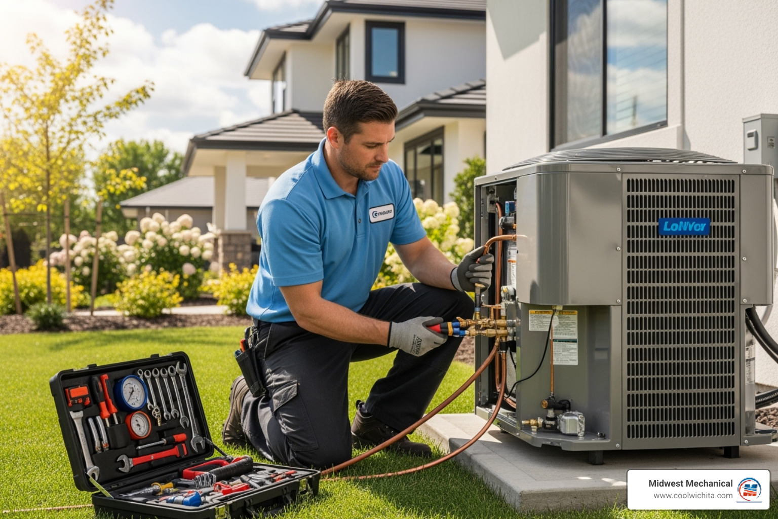 Technician carefully installing a new outdoor AC unit - ac installation andover, ks