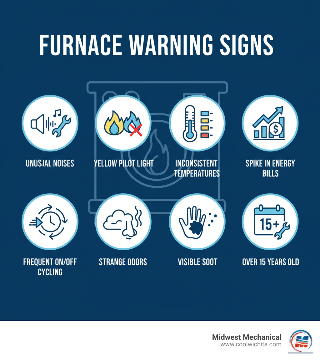 Infographic showing common furnace warning signs: unusual banging or rattling noises, yellow pilot light instead of blue, inconsistent room temperatures, sudden spike in energy bills, frequent on-off cycling, strange burning or gas odors, visible soot around furnace, and age over 15 years - furnace repair wichita, ks infographic