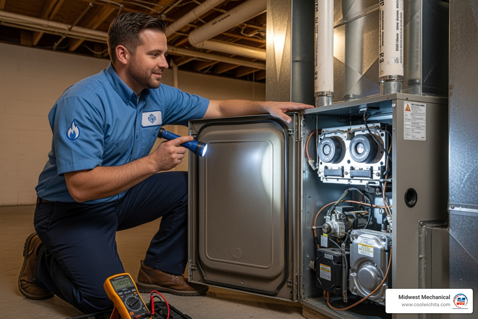 A professional, friendly HVAC technician inspecting an indoor furnace unit with a flashlight - ac repair wichita, ks