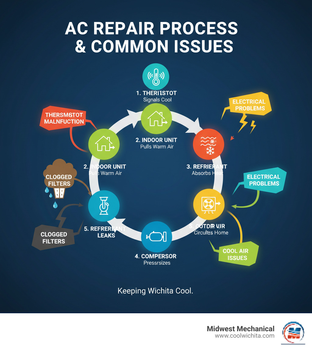 Infographic showing the AC repair process: 1. Thermostat signals cooling needed, 2. Indoor unit pulls warm air through return vents, 3. Refrigerant absorbs heat from air, 4. Compressor pressurizes refrigerant, 5. Outdoor unit releases heat outside, 6. Cool air circulates through home via supply vents. Common failure points highlighted: thermostat malfunction, clogged filters, refrigerant leaks, compressor issues, and electrical problems. - ac repair wichita, ks infographic 