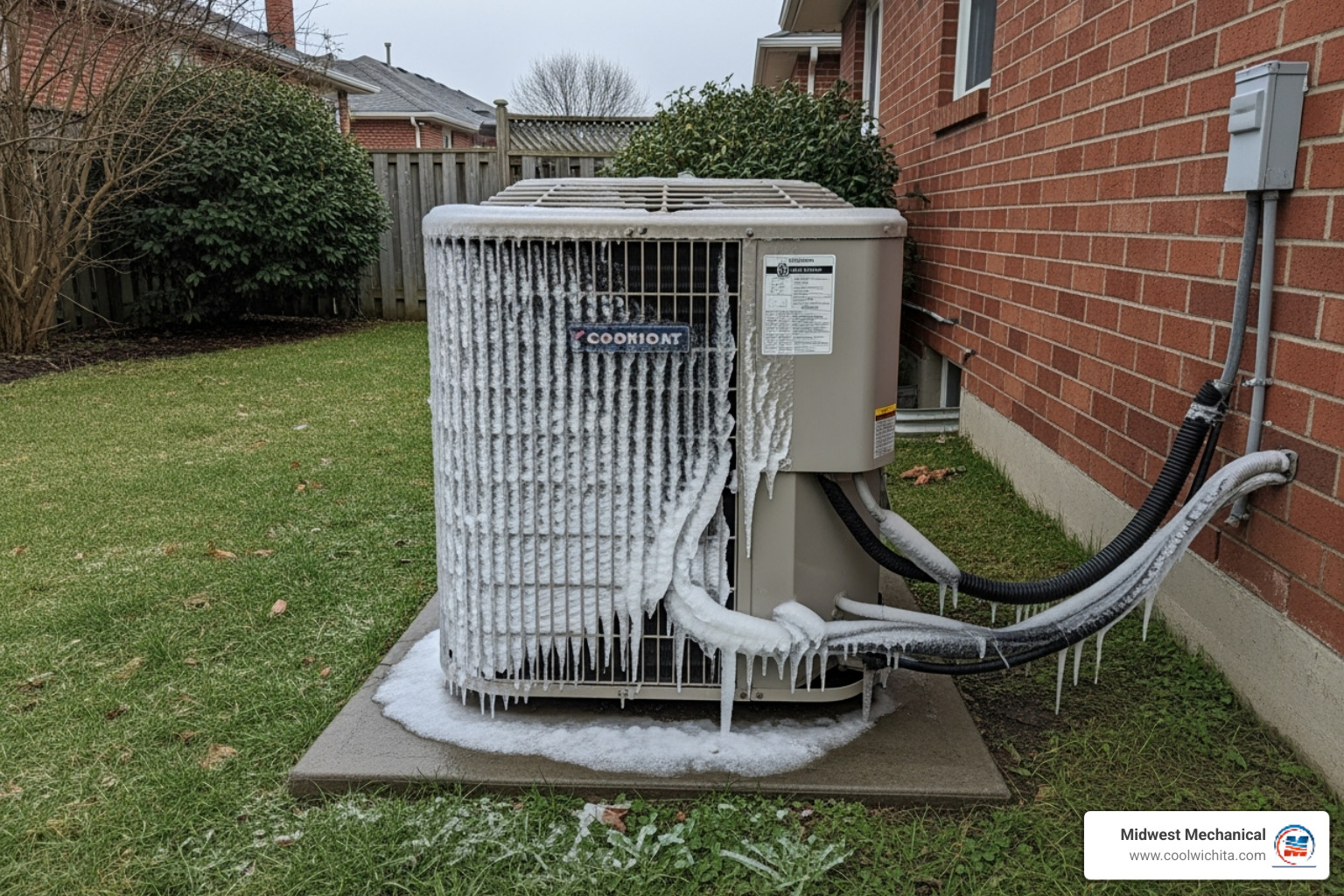 An outdoor AC unit with visible ice buildup on the coils - ac repair wichita, ks