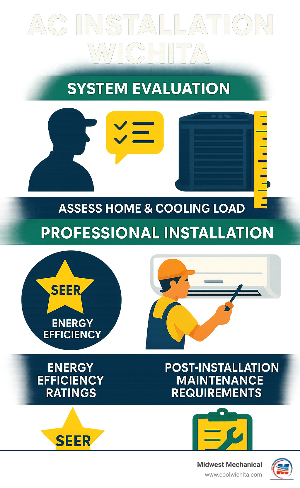 Comprehensive infographic showing the AC installation process in Wichita including system evaluation, proper sizing, professional installation steps, energy efficiency ratings, and post-installation maintenance requirements - AC installation Wichita infographic