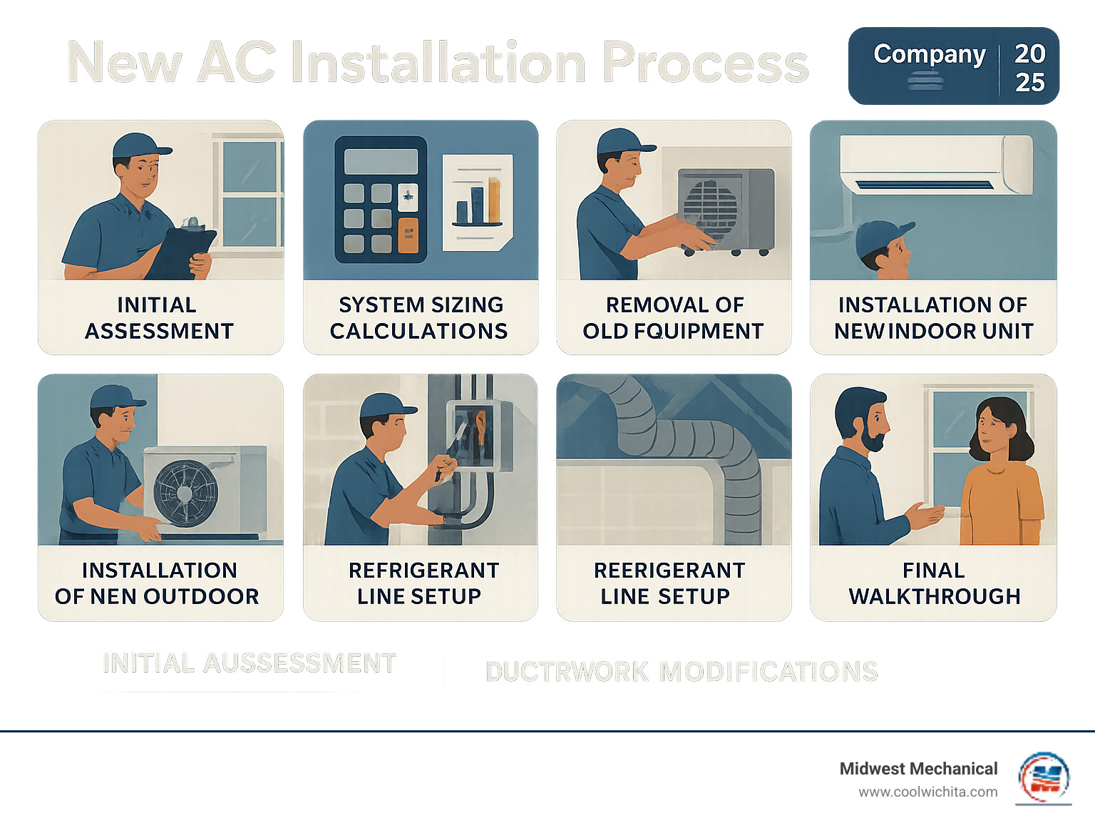 Infographic showing the complete new AC installation process, including initial assessment, system sizing calculations, removal of old equipment, installation of new indoor and outdoor units, electrical connections, refrigerant line setup, ductwork modifications if needed, system testing, and final walkthrough with homeowner - New AC installation infographic