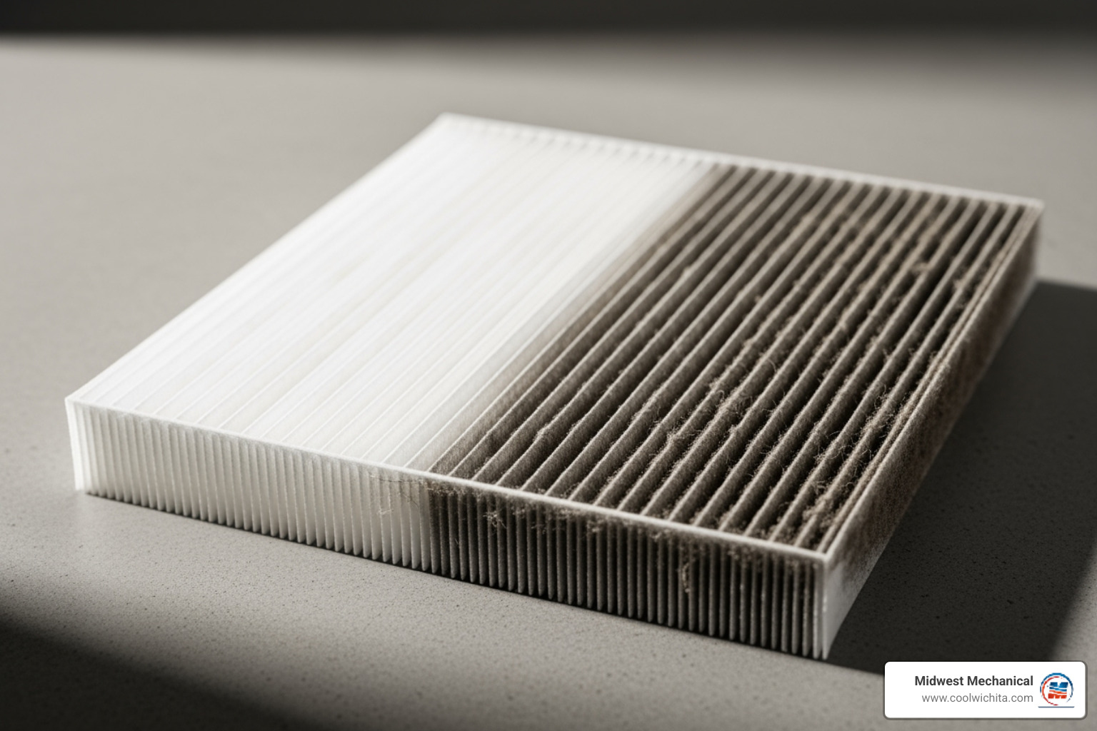 A clean HVAC air filter next to a dirty, clogged one, illustrating the importance of regular filter changes for heating efficiency. - furnace repair Park City