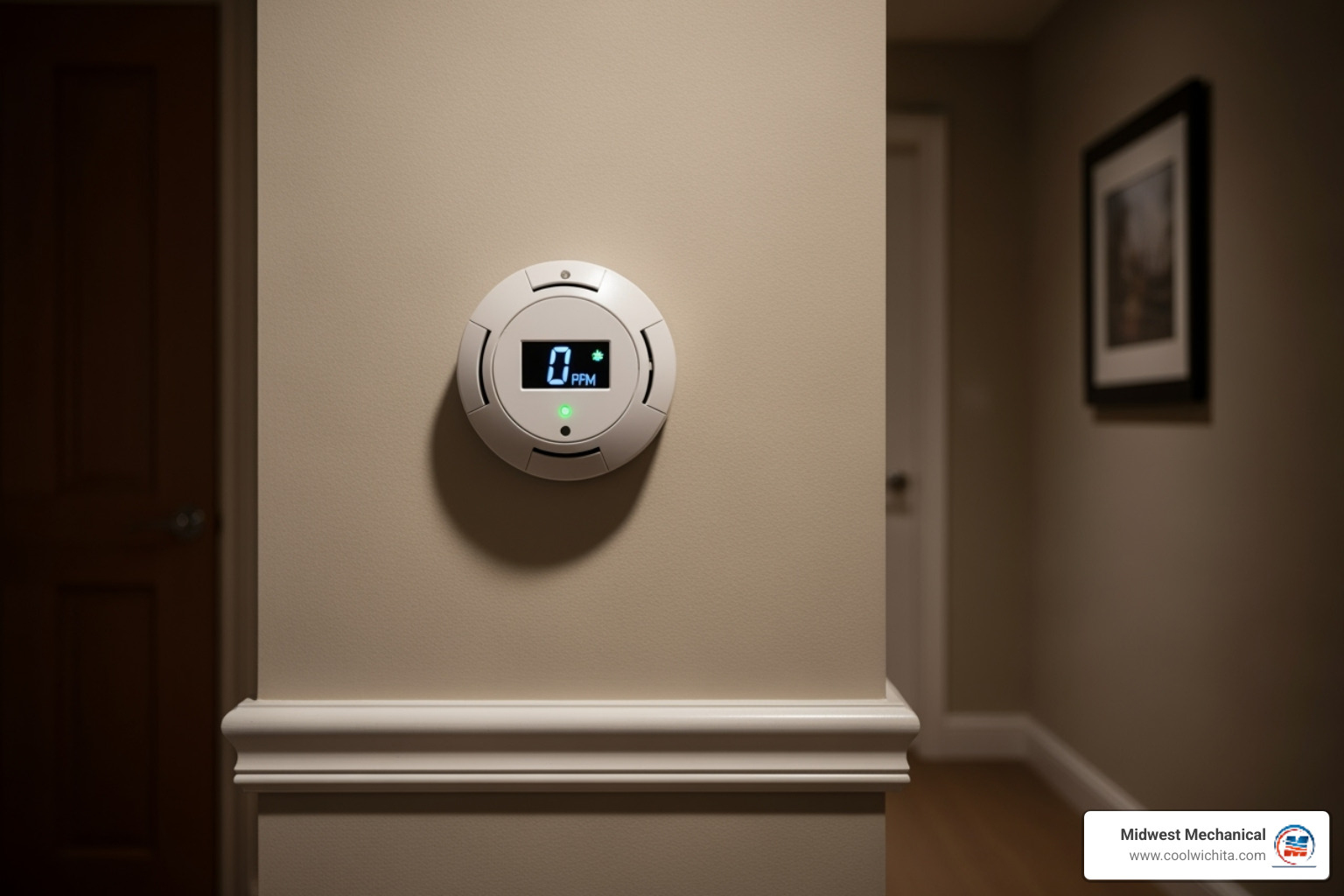 A carbon monoxide detector mounted on a wall in a home hallway, symbolizing home safety. - furnace repair Park City