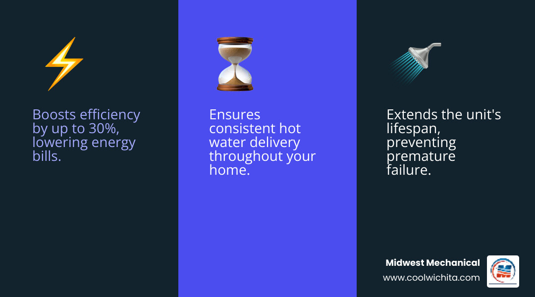 Infographic showing the descaling process: mineral buildup reduction leads to improved efficiency (up to 30% better performance), extended lifespan (preventing premature failure), and consistent hot water delivery throughout your home - tankless water heater descaling infographic 3_facts_emoji_blue