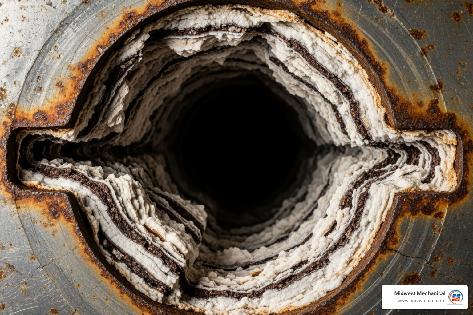 mineral scale buildup inside a cutaway pipe - tankless water heater descaling