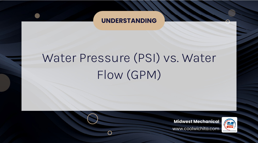 Infographic showing the difference between water pressure measured in PSI (pounds per square inch) representing the force of water, and water flow measured in GPM (gallons per minute) representing volume, with visual examples of high pressure/low flow versus low pressure/high flow scenarios, and ideal residential pressure range of 40-60 PSI - Low water pressure repair infographic simple-info-landscape-card-dark