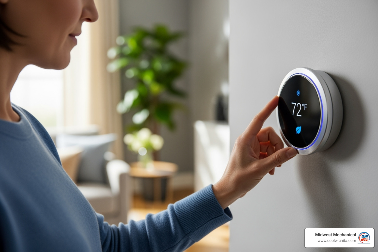 homeowner adjusting a smart thermostat - high efficiency furnace