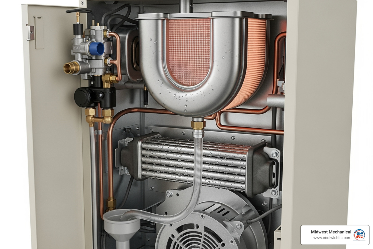 inside of a condensing furnace - high efficiency furnace