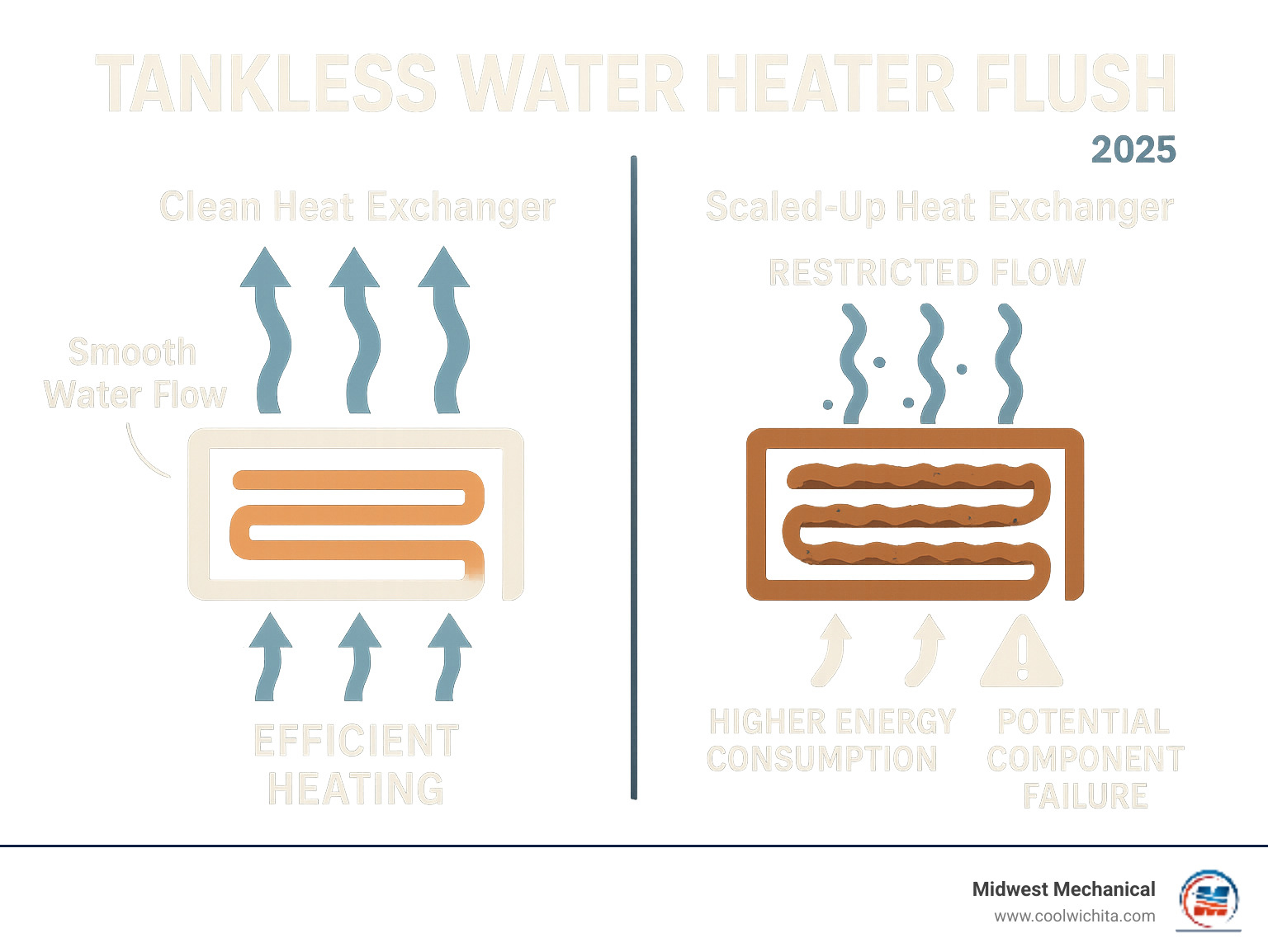 Infographic showing a split comparison: left side displays a clean heat exchanger with smooth water flow and efficient heating, while right side shows a scaled-up heat exchanger with restricted flow, higher energy consumption, and potential component failure - tankless water heater flush infographic