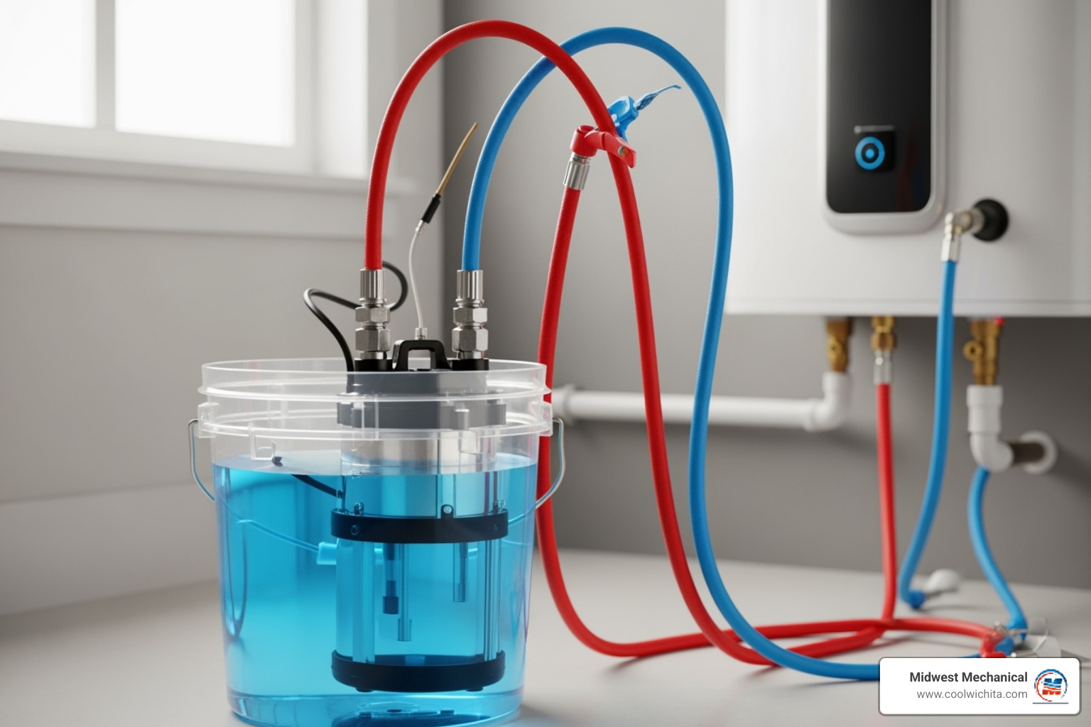 pump in the bucket with hoses connected to the unit - tankless water heater flush