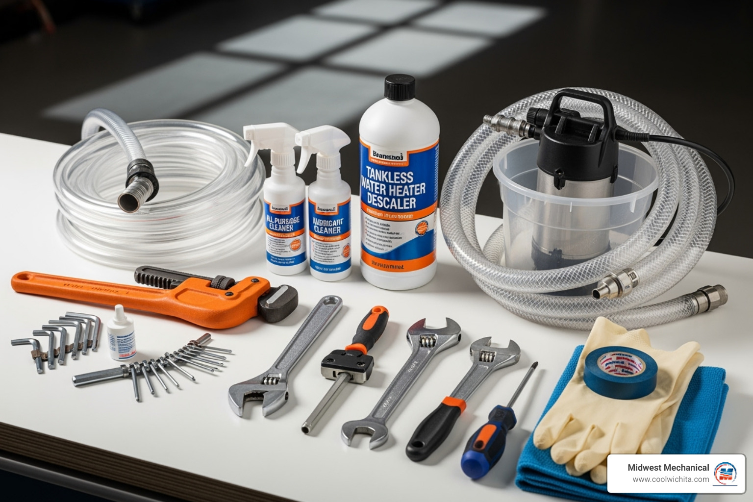 all necessary supplies laid out neatly - tankless water heater flush