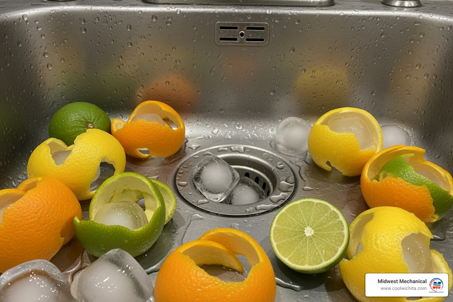 ice cubes and citrus peels in sink - garbage disposal installation Wichita