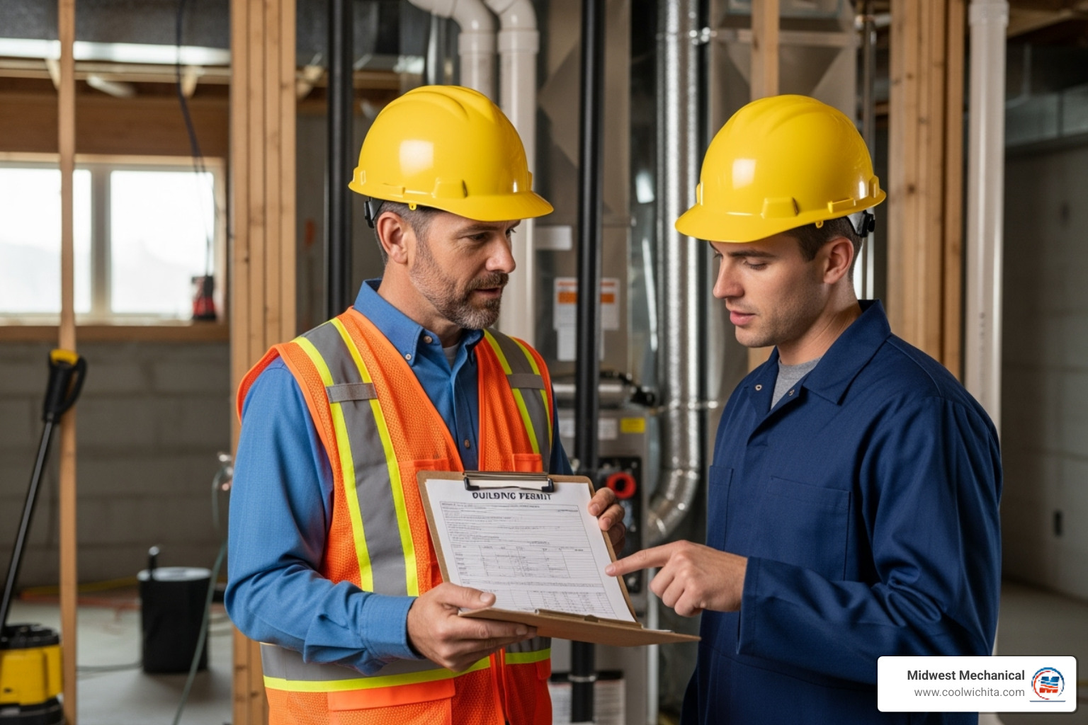 a building permit document or a city inspector talking to a technician - furnace replacement Park City