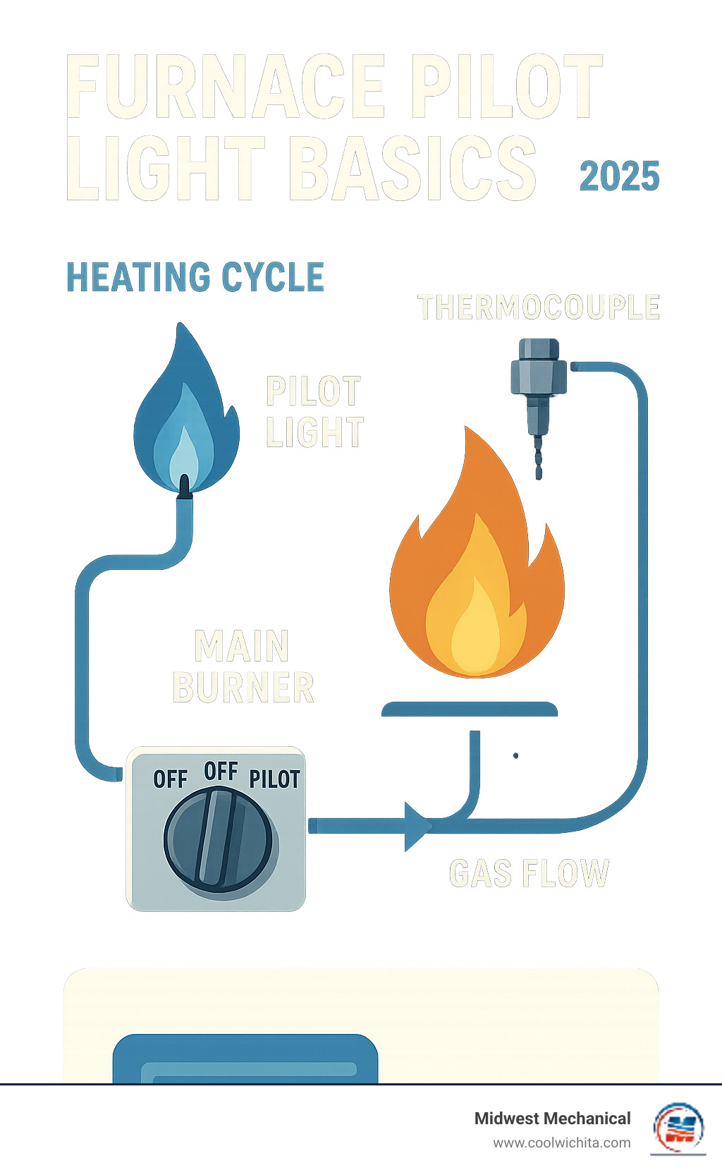 Infographic showing the basic furnace heating cycle with pilot light igniting main burner, thermocouple safety mechanism, and gas flow control through the system - furnace pilot light infographic