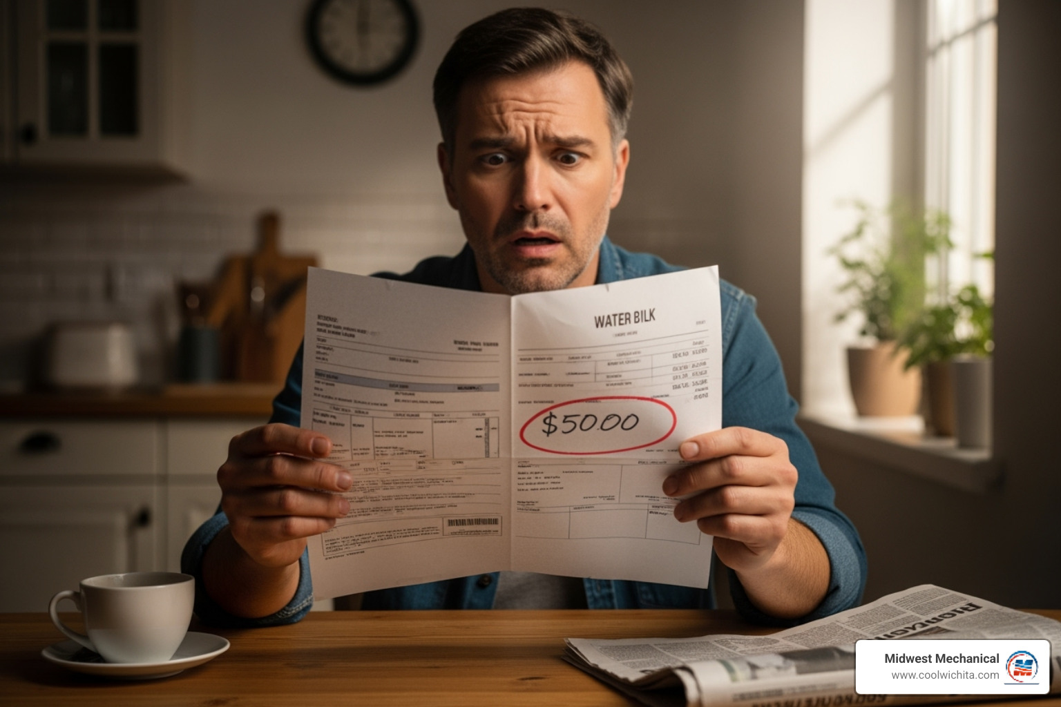 A homeowner looking at a surprisingly high water bill with a puzzled expression - Water leak repair